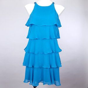 S.L Fashions Teal‎ Swing Dress Tier Ruffle Sleeveless Sequin and Beaded Straps